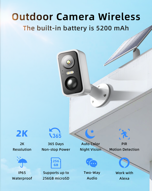 Andyssey 2K Solar Security Camera, Wireless Outdoor Cam with Removable Battery, Night Vision & 2-Way Audio