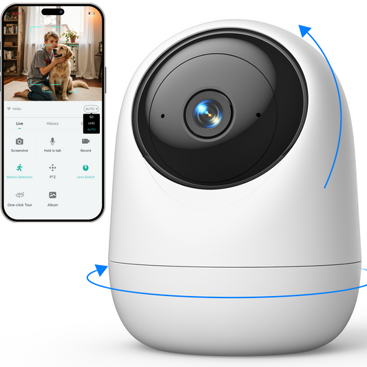 Andyssey Indoor Camera, 4MP 360° WiFi (5GHz) Security Cam with Motion Sensor, App Control & Speaker