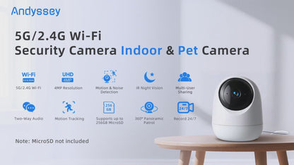 Andyssey Indoor Camera, 4MP 360° WiFi (5GHz) Security Cam with Motion Sensor, App Control & Speaker